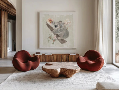 Aussie Love VII by Beth Grove. Shown as extra-large giant wall art in a modern living room. Available as an archival giclee rolled canvas, fine art paper, or poster print. SKU 62834a.