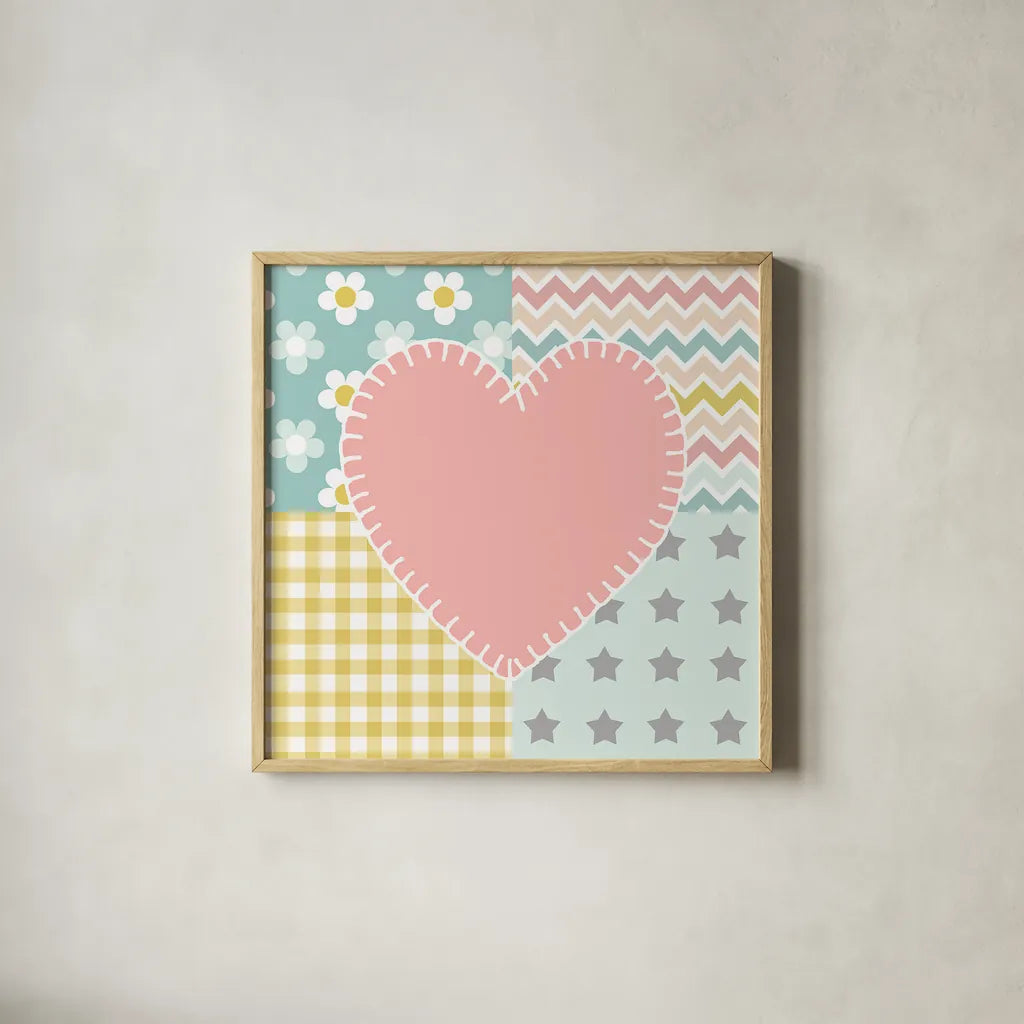 Baby Quilt I by Beth Grove. Shown in a natural wood glass frame for a timeless modern aesthetic. Available as an archival giclee rolled canvas, fine art paper, or poster print. SKU 24660a.