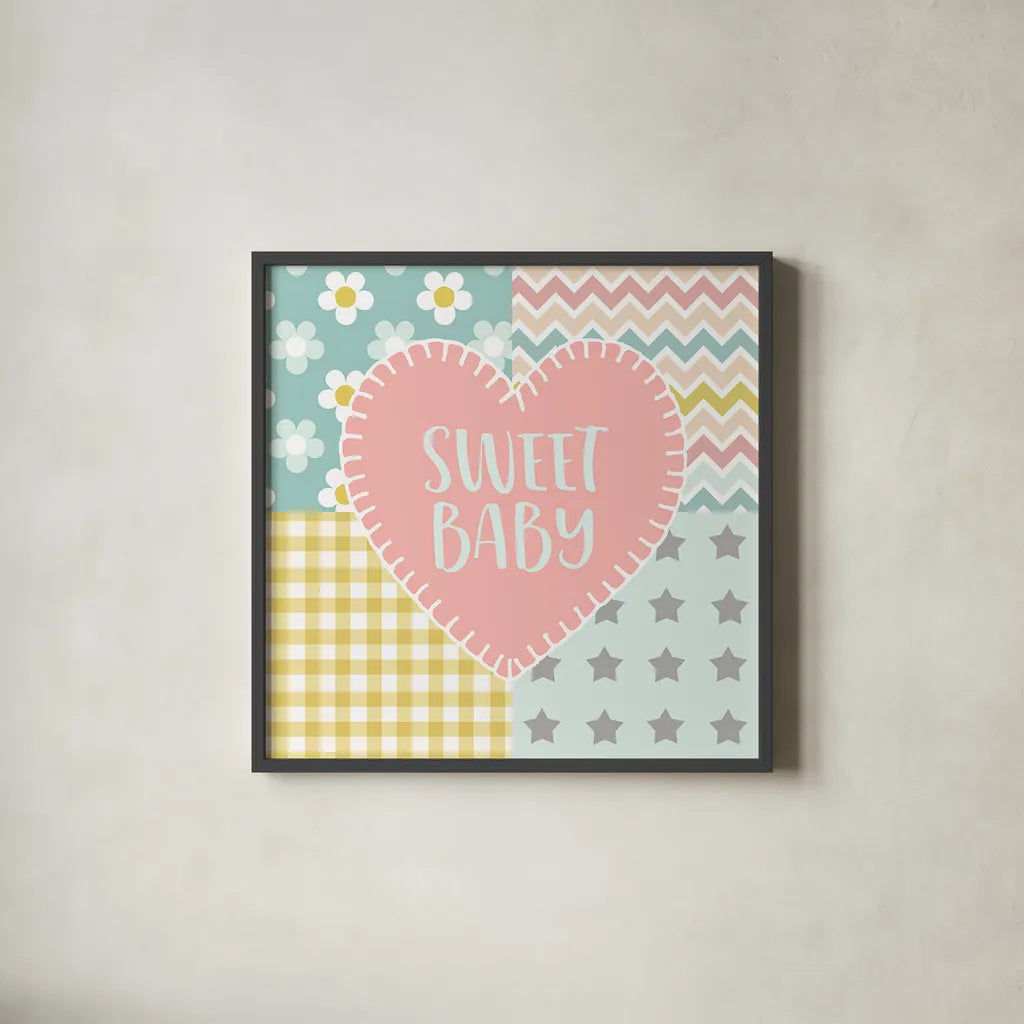 Baby Quilt I Sweet Baby by Beth Grove. Shown in a sleek black glass frame for a contemporary gallery look. Available as an archival giclee rolled canvas, fine art paper, or poster print. SKU 32058a.