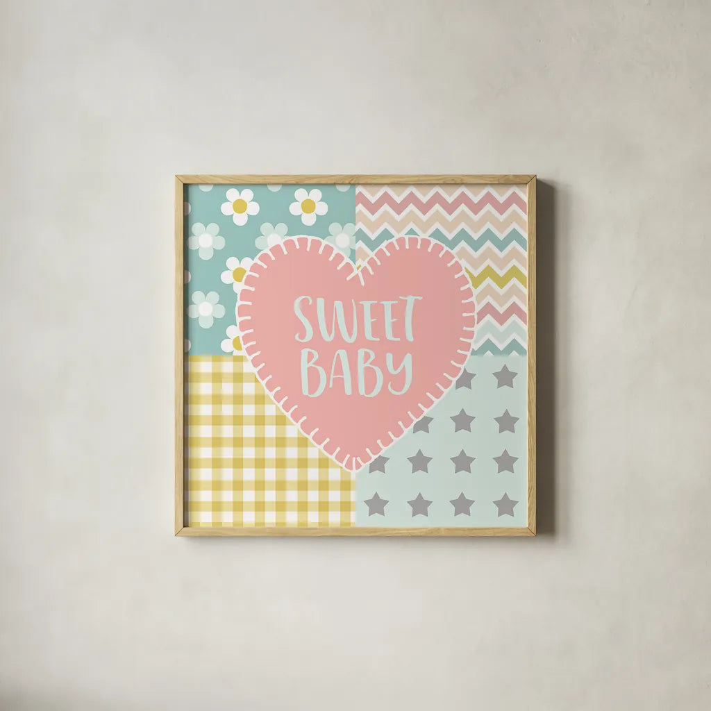 Baby Quilt I Sweet Baby by Beth Grove. Shown in a natural wood glass frame for a timeless modern aesthetic. Available as an archival giclee rolled canvas, fine art paper, or poster print. SKU 32058a.