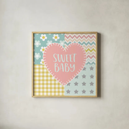 Baby Quilt I Sweet Baby by Beth Grove. Shown in a natural wood glass frame for a timeless modern aesthetic. Available as an archival giclee rolled canvas, fine art paper, or poster print. SKU 32058a.