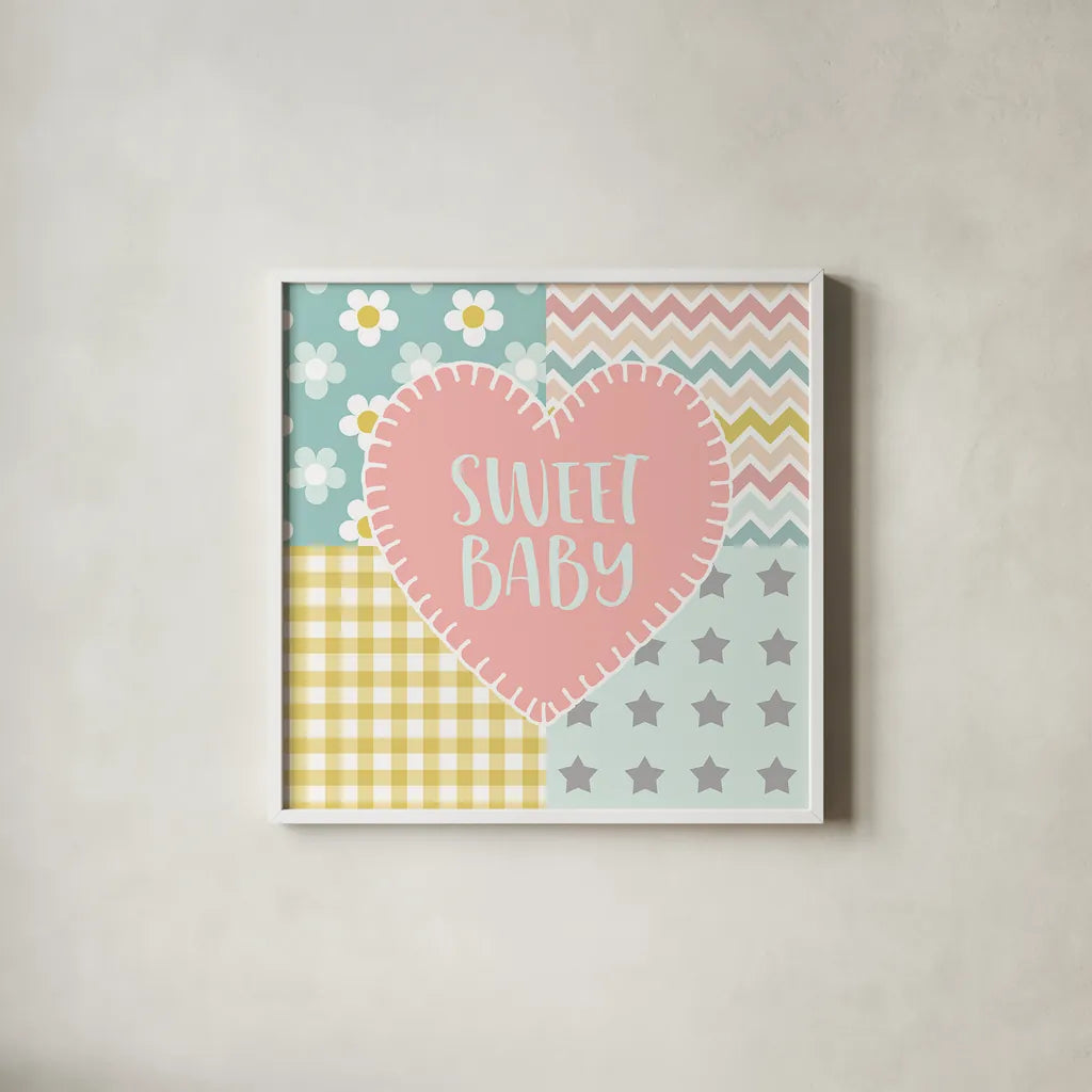 Baby Quilt I Sweet Baby by Beth Grove. Shown in a crisp white glass frame for a clean and minimalist style. Available as an archival giclee rolled canvas, fine art paper, or poster print. SKU 32058a.