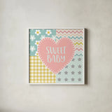 Baby Quilt I Sweet Baby by Beth Grove. Shown in a crisp white glass frame for a clean and minimalist style. Available as an archival giclee rolled canvas, fine art paper, or poster print. SKU 32058a.