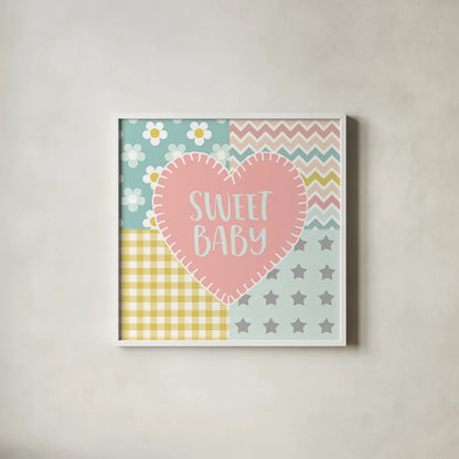 Baby Quilt I Sweet Baby by Beth Grove. Shown in a crisp white glass frame for a clean and minimalist style. Available as an archival giclee rolled canvas, fine art paper, or poster print. SKU 32058a.