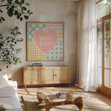 Baby Quilt I Sweet Baby by Beth Grove. Shown in a natural wood frame in a cozy modern living room. Available as an archival giclee rolled canvas, fine art paper, or poster print. SKU 32058a.