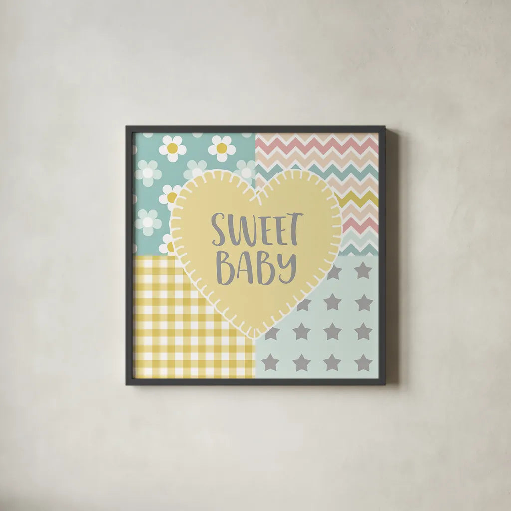 Baby Quilt I Sweet Baby Yellow by Beth Grove. Shown in a sleek black glass frame for a contemporary gallery look. Available as an archival giclee rolled canvas, fine art paper, or poster print. SKU 32242a.