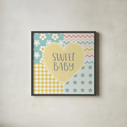 Baby Quilt I Sweet Baby Yellow by Beth Grove. Shown in a sleek black glass frame for a contemporary gallery look. Available as an archival giclee rolled canvas, fine art paper, or poster print. SKU 32242a.