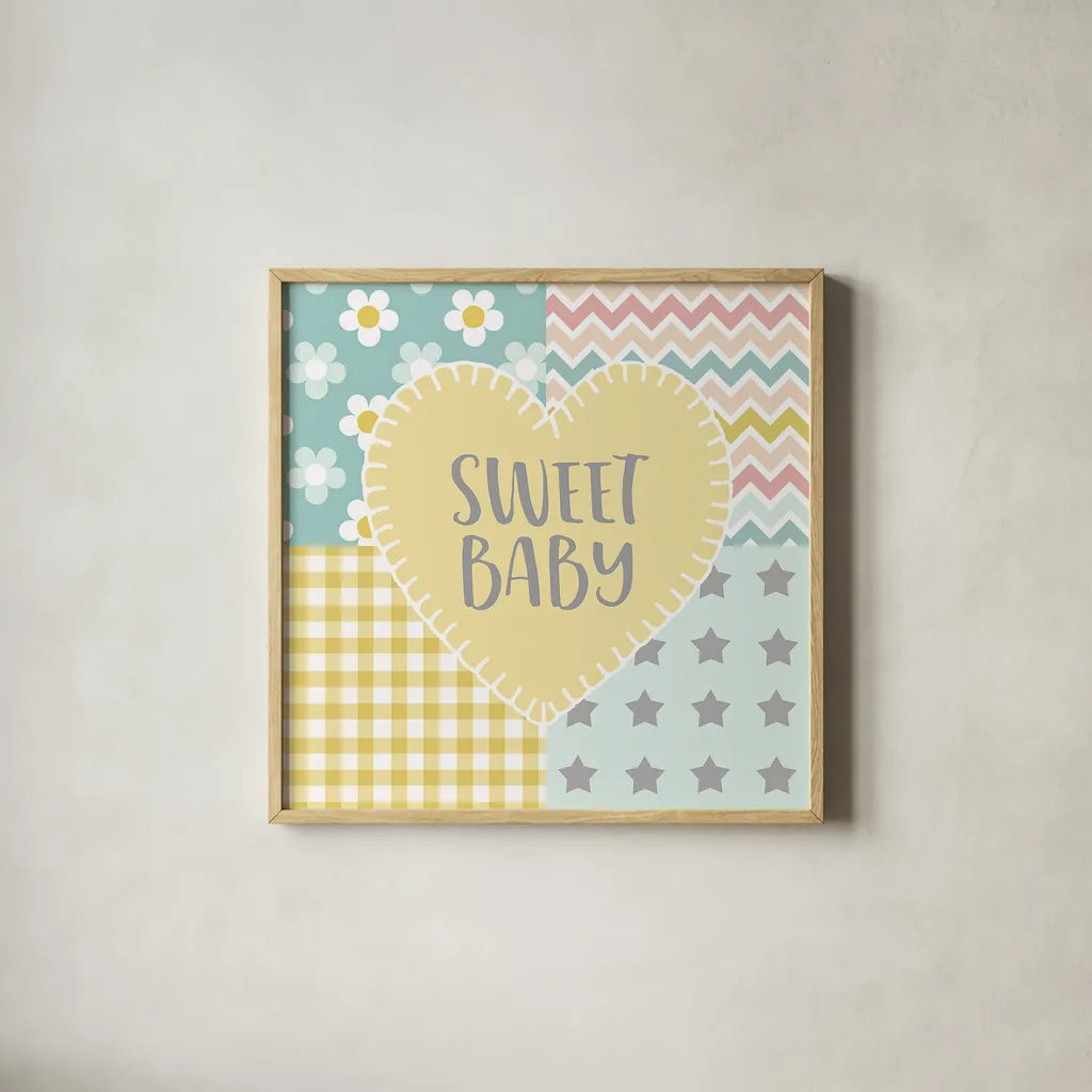 Baby Quilt I Sweet Baby Yellow by Beth Grove. Shown in a natural wood glass frame for a timeless modern aesthetic. Available as an archival giclee rolled canvas, fine art paper, or poster print. SKU 32242a.