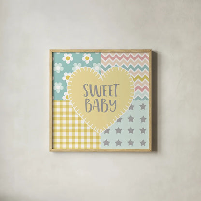 Baby Quilt I Sweet Baby Yellow by Beth Grove. Shown in a natural wood glass frame for a timeless modern aesthetic. Available as an archival giclee rolled canvas, fine art paper, or poster print. SKU 32242a.