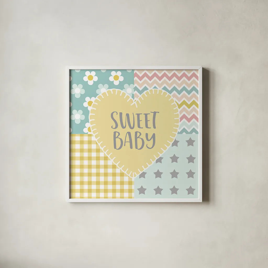 Baby Quilt I Sweet Baby Yellow by Beth Grove. Shown in a crisp white glass frame for a clean and minimalist style. Available as an archival giclee rolled canvas, fine art paper, or poster print. SKU 32242a.