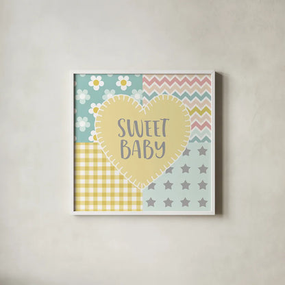 Baby Quilt I Sweet Baby Yellow by Beth Grove. Shown in a crisp white glass frame for a clean and minimalist style. Available as an archival giclee rolled canvas, fine art paper, or poster print. SKU 32242a.
