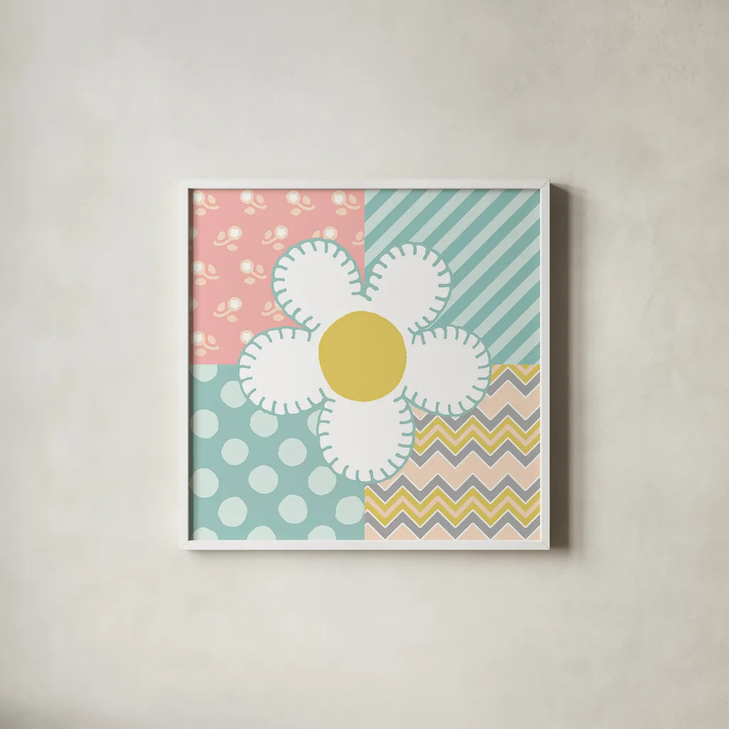 Baby Quilt II by Beth Grove. Shown in a crisp white glass frame for a clean and minimalist style. Available as an archival giclee rolled canvas, fine art paper, or poster print. SKU 24661a.