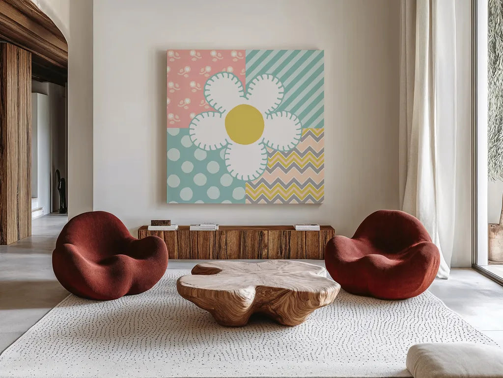 Baby Quilt II by Beth Grove. Shown as extra-large giant wall art in a modern living room. Available as an archival giclee rolled canvas, fine art paper, or poster print. SKU 24661a.