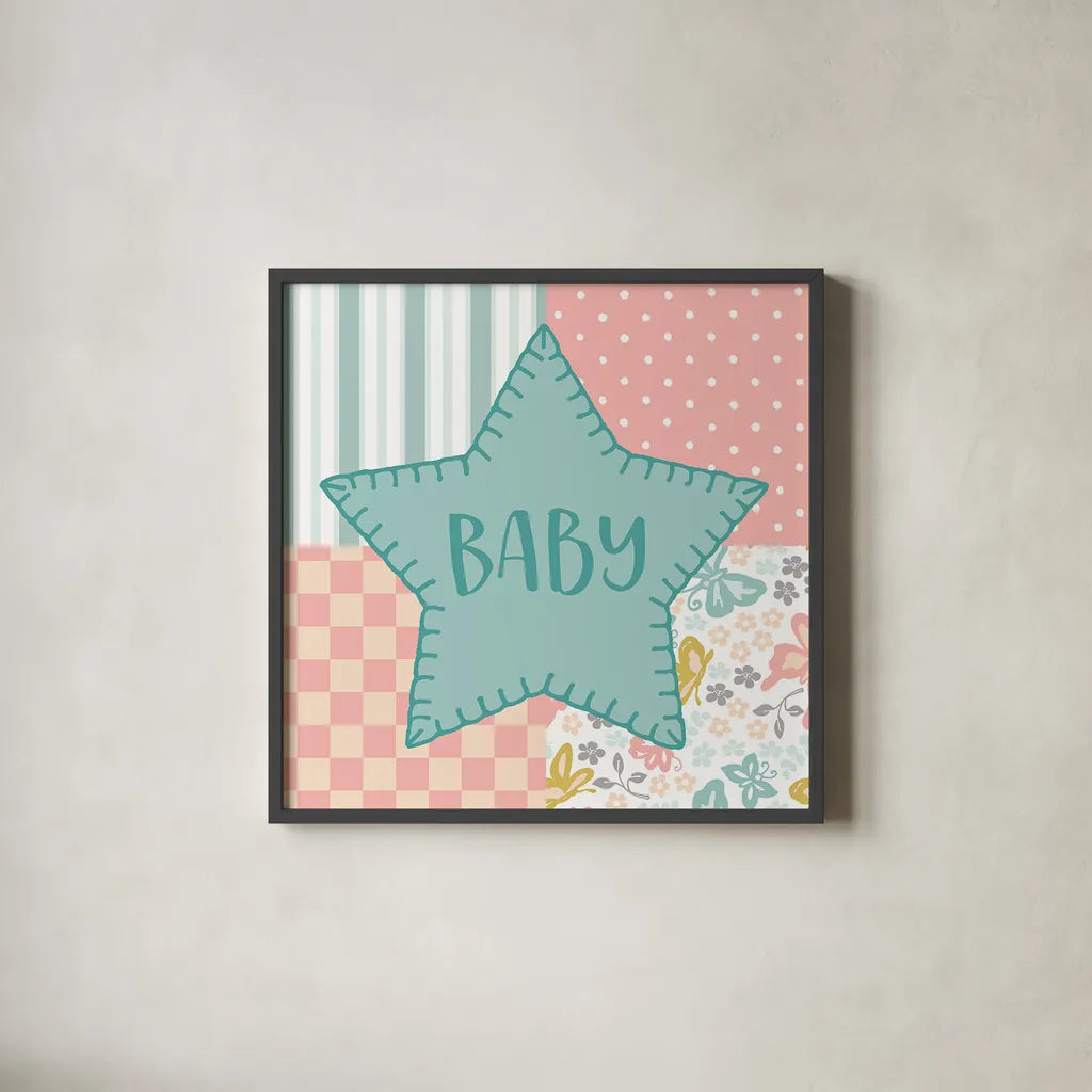 Baby Quilt IV Baby by Beth Grove. Shown in a sleek black glass frame for a contemporary gallery look. Available as an archival giclee rolled canvas, fine art paper, or poster print. SKU 32059a.