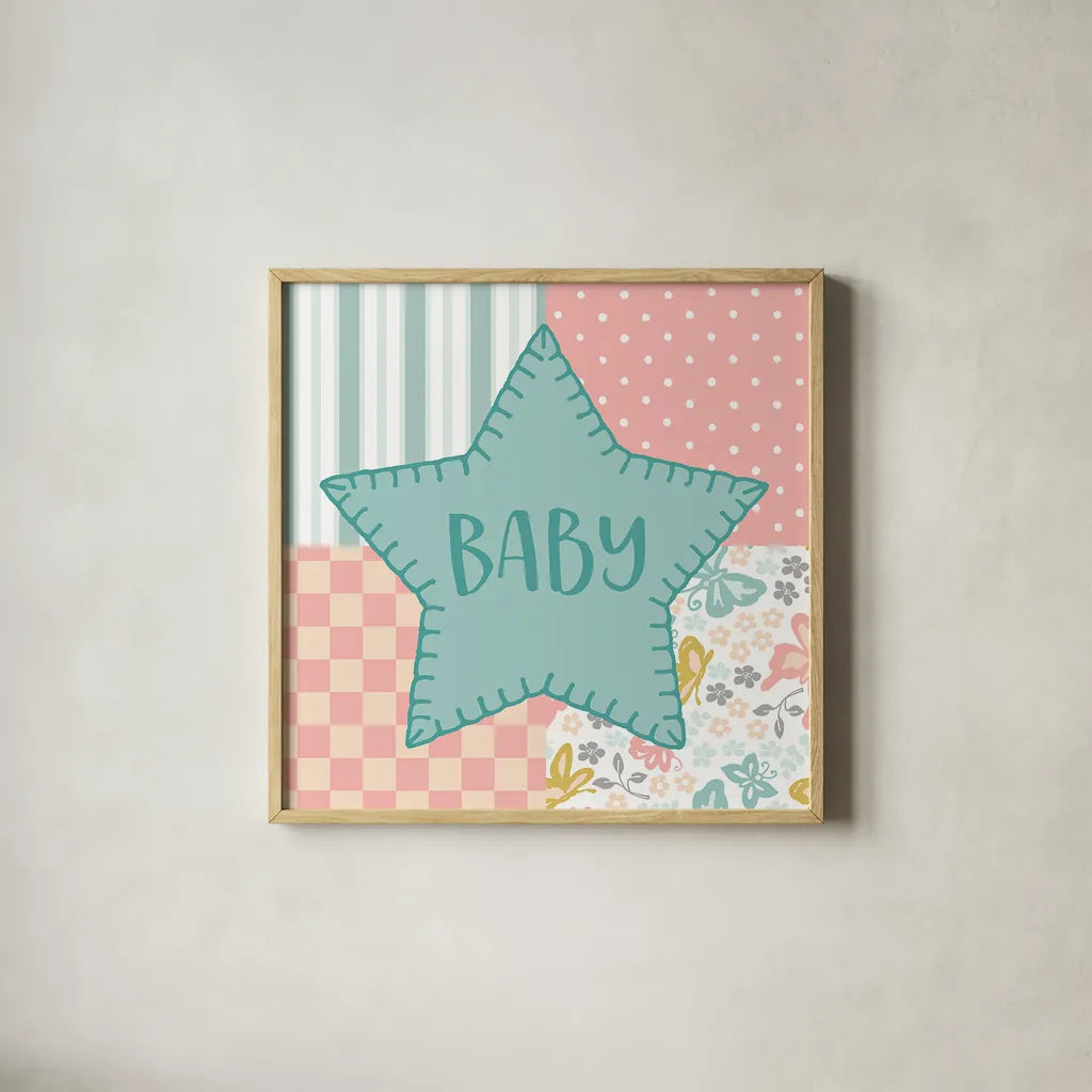 Baby Quilt IV Baby by Beth Grove. Shown in a natural wood glass frame for a timeless modern aesthetic. Available as an archival giclee rolled canvas, fine art paper, or poster print. SKU 32059a.