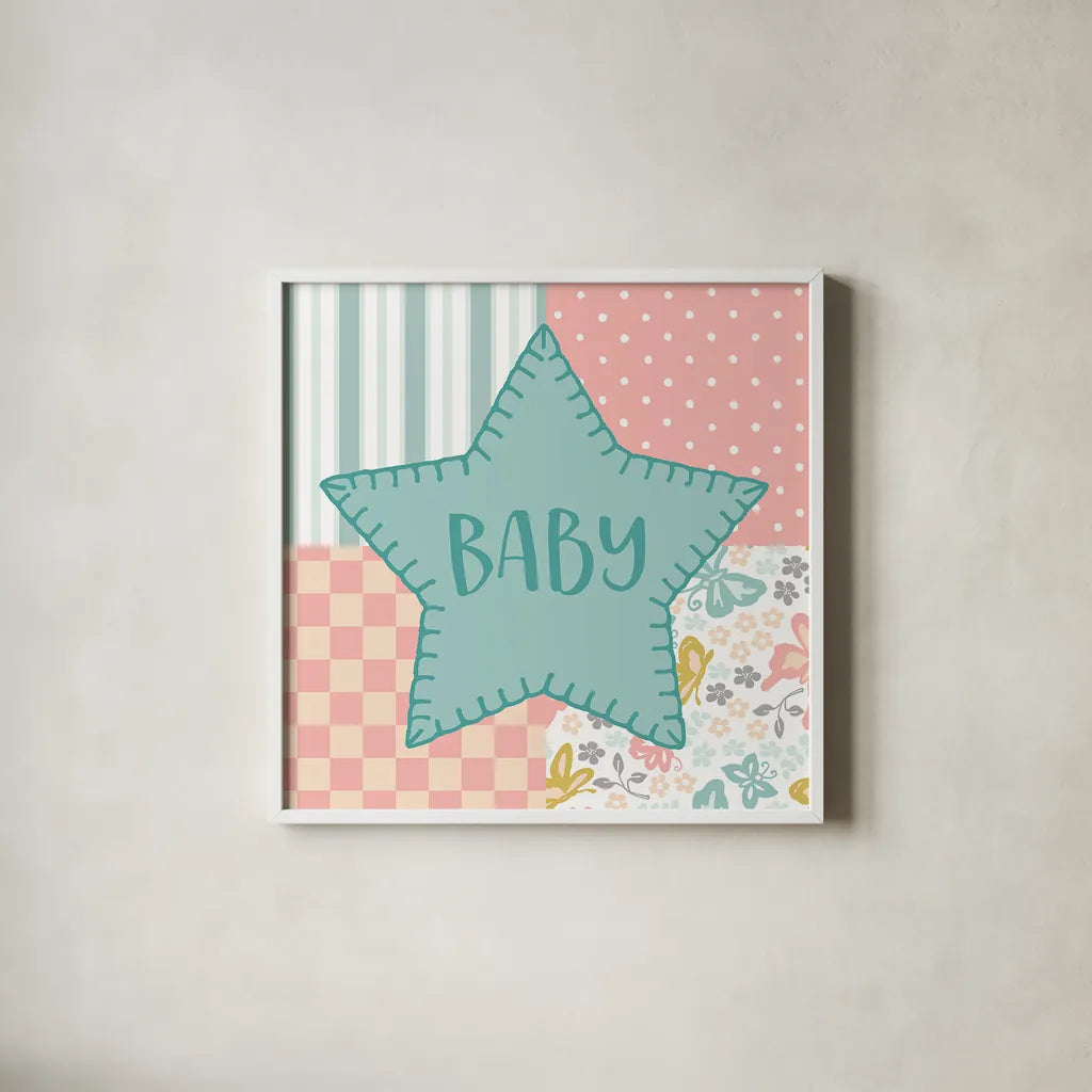 Baby Quilt IV Baby by Beth Grove. Shown in a crisp white glass frame for a clean and minimalist style. Available as an archival giclee rolled canvas, fine art paper, or poster print. SKU 32059a.