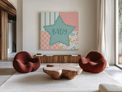 Baby Quilt IV Baby by Beth Grove. Shown as extra-large giant wall art in a modern living room. Available as an archival giclee rolled canvas, fine art paper, or poster print. SKU 32059a.