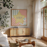 Baby Quilt IV Baby Yellow by Beth Grove. Shown in a natural wood frame in a cozy modern living room. Available as an archival giclee rolled canvas, fine art paper, or poster print. SKU 32243a.