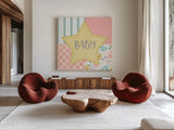 Baby Quilt IV Baby Yellow by Beth Grove. Shown as extra-large giant wall art in a modern living room. Available as an archival giclee rolled canvas, fine art paper, or poster print. SKU 32243a.