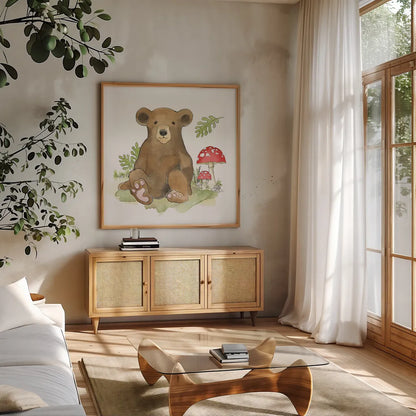 Baby Woodland II by Beth Grove. Shown in a natural wood frame in a cozy modern living room. Available as an archival giclee rolled canvas, fine art paper, or poster print. SKU 27731a.
