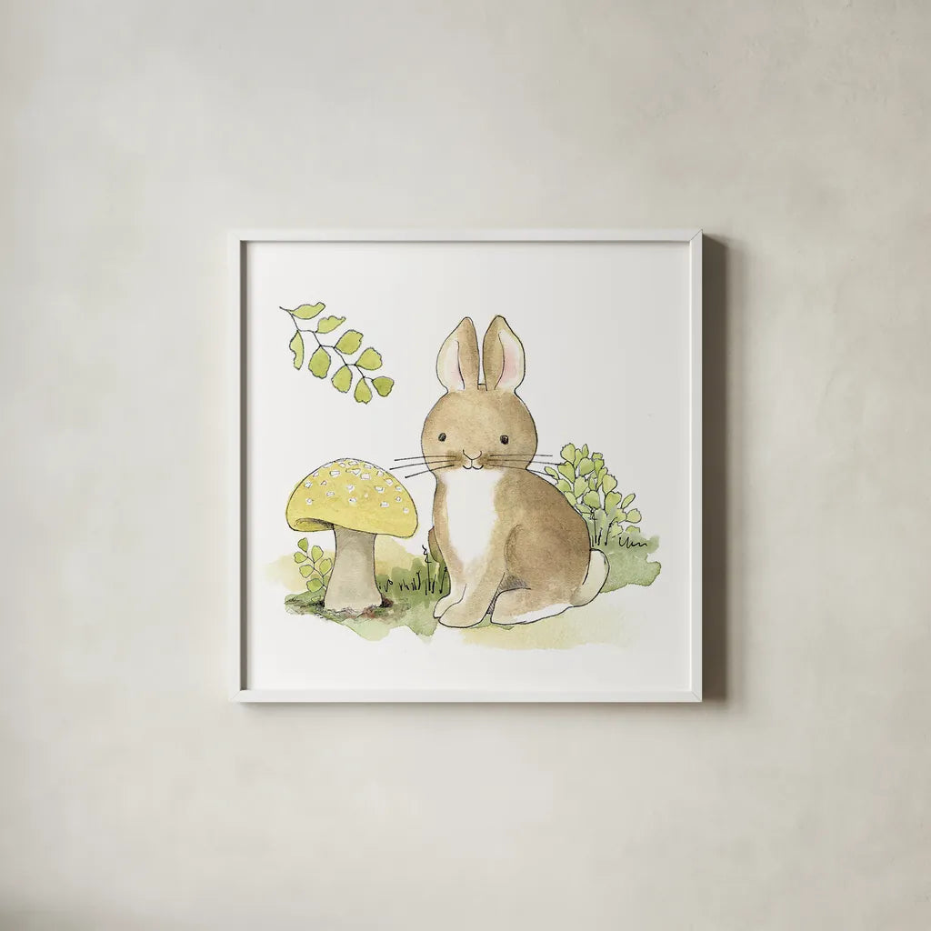 Baby Woodland IV by Beth Grove. Shown in a crisp white glass frame for a clean and minimalist style. Available as an archival giclee rolled canvas, fine art paper, or poster print. SKU 27733a.