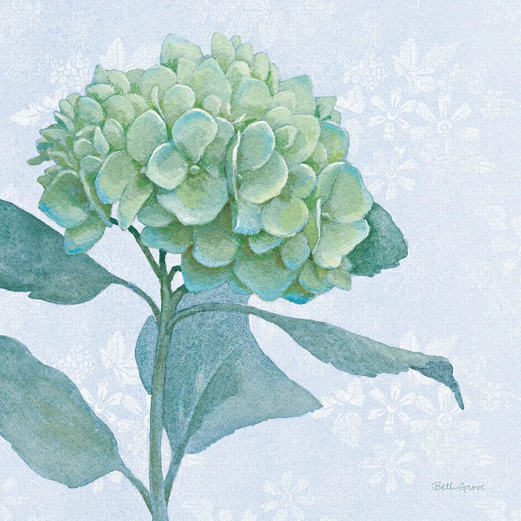 Blue Hydrangea I LIght by Beth Grove. SKU 21474a. Archival Giclee Fine art print for wall decor.