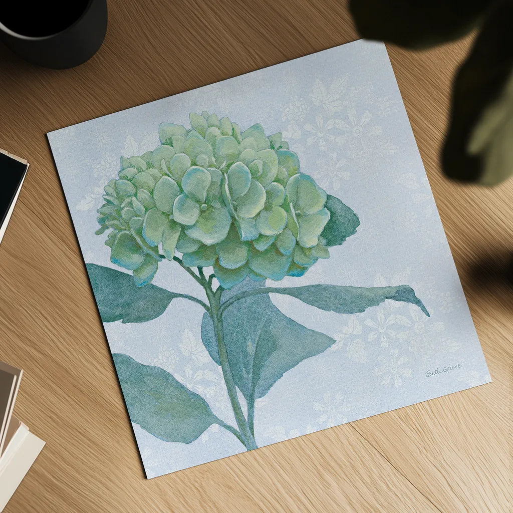 Blue Hydrangea I LIght by Beth Grove. Shown as a detailed flat fine art print, highlighting archival giclee quality. Available as an archival giclee rolled canvas, fine art paper, or poster print. SKU 21474a.