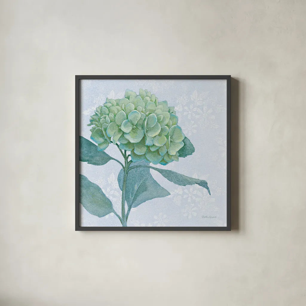 Blue Hydrangea I LIght by Beth Grove. Shown in a sleek black glass frame for a contemporary gallery look. Available as an archival giclee rolled canvas, fine art paper, or poster print. SKU 21474a.