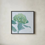 Blue Hydrangea I LIght by Beth Grove. Shown in a sleek black glass frame for a contemporary gallery look. Available as an archival giclee rolled canvas, fine art paper, or poster print. SKU 21474a.