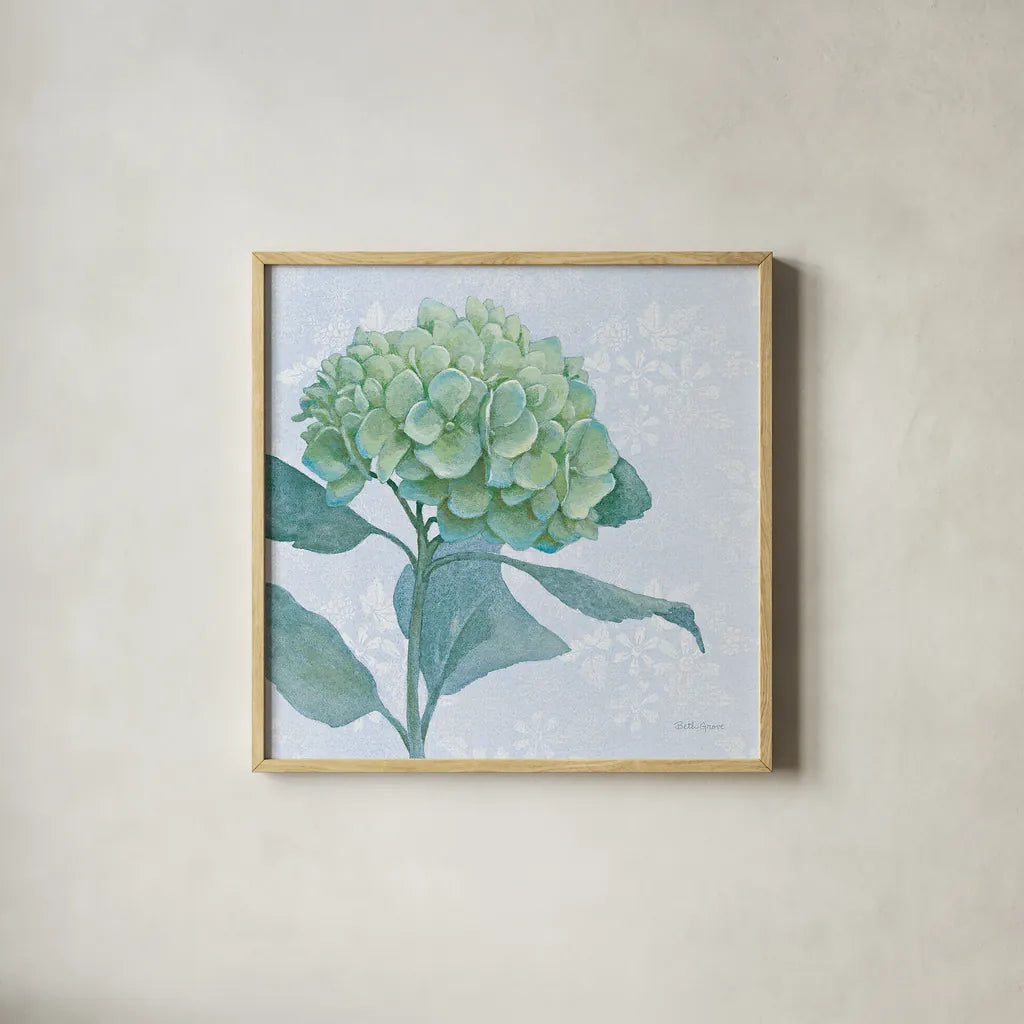 Blue Hydrangea I LIght by Beth Grove. Shown in a natural wood glass frame for a timeless modern aesthetic. Available as an archival giclee rolled canvas, fine art paper, or poster print. SKU 21474a.