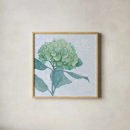 Blue Hydrangea I LIght by Beth Grove. Shown in a natural wood glass frame for a timeless modern aesthetic. Available as an archival giclee rolled canvas, fine art paper, or poster print. SKU 21474a.