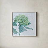 Blue Hydrangea I LIght by Beth Grove. Shown in a crisp white glass frame for a clean and minimalist style. Available as an archival giclee rolled canvas, fine art paper, or poster print. SKU 21474a.