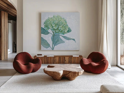 Blue Hydrangea I LIght by Beth Grove. Shown as extra-large giant wall art in a modern living room. Available as an archival giclee rolled canvas, fine art paper, or poster print. SKU 21474a.