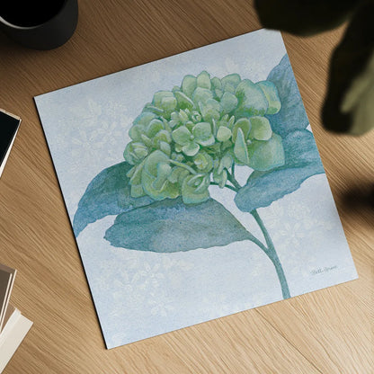 Blue Hydrangea II Light by Beth Grove. Shown as a detailed flat fine art print, highlighting archival giclee quality. Available as an archival giclee rolled canvas, fine art paper, or poster print. SKU 21475a.