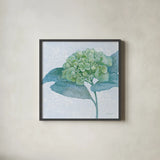 Blue Hydrangea II Light by Beth Grove. Shown in a sleek black glass frame for a contemporary gallery look. Available as an archival giclee rolled canvas, fine art paper, or poster print. SKU 21475a.