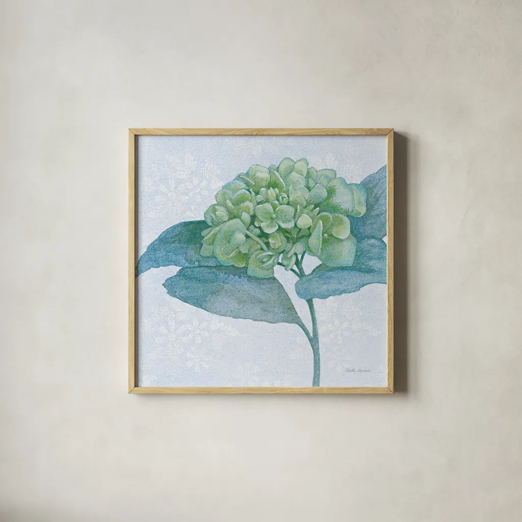 Blue Hydrangea II Light by Beth Grove. Shown in a natural wood glass frame for a timeless modern aesthetic. Available as an archival giclee rolled canvas, fine art paper, or poster print. SKU 21475a.