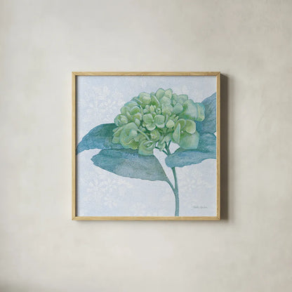 Blue Hydrangea II Light by Beth Grove. Shown in a natural wood glass frame for a timeless modern aesthetic. Available as an archival giclee rolled canvas, fine art paper, or poster print. SKU 21475a.