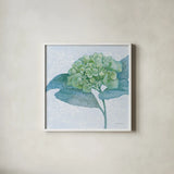 Blue Hydrangea II Light by Beth Grove. Shown in a crisp white glass frame for a clean and minimalist style. Available as an archival giclee rolled canvas, fine art paper, or poster print. SKU 21475a.