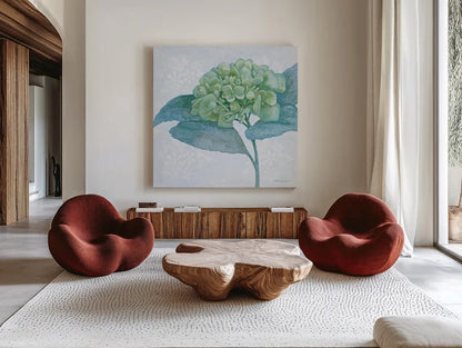Blue Hydrangea II Light by Beth Grove. Shown as extra-large giant wall art in a modern living room. Available as an archival giclee rolled canvas, fine art paper, or poster print. SKU 21475a.