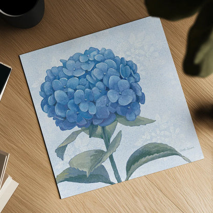Blue Hydrangea III Light by Beth Grove. Shown as a detailed flat fine art print, highlighting archival giclee quality. Available as an archival giclee rolled canvas, fine art paper, or poster print. SKU 21476a.