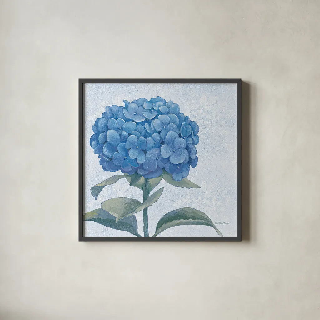 Blue Hydrangea III Light by Beth Grove. Shown in a sleek black glass frame for a contemporary gallery look. Available as an archival giclee rolled canvas, fine art paper, or poster print. SKU 21476a.