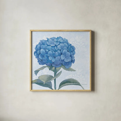 Blue Hydrangea III Light by Beth Grove. Shown in a natural wood glass frame for a timeless modern aesthetic. Available as an archival giclee rolled canvas, fine art paper, or poster print. SKU 21476a.