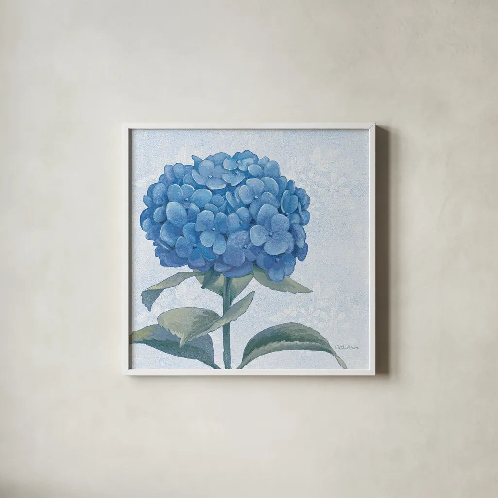 Blue Hydrangea III Light by Beth Grove. Shown in a crisp white glass frame for a clean and minimalist style. Available as an archival giclee rolled canvas, fine art paper, or poster print. SKU 21476a.