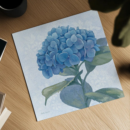 Blue Hydrangea IV Light by Beth Grove. Shown as a detailed flat fine art print, highlighting archival giclee quality. Available as an archival giclee rolled canvas, fine art paper, or poster print. SKU 21477a.