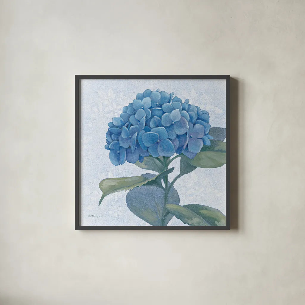 Blue Hydrangea IV Light by Beth Grove. Shown in a sleek black glass frame for a contemporary gallery look. Available as an archival giclee rolled canvas, fine art paper, or poster print. SKU 21477a.