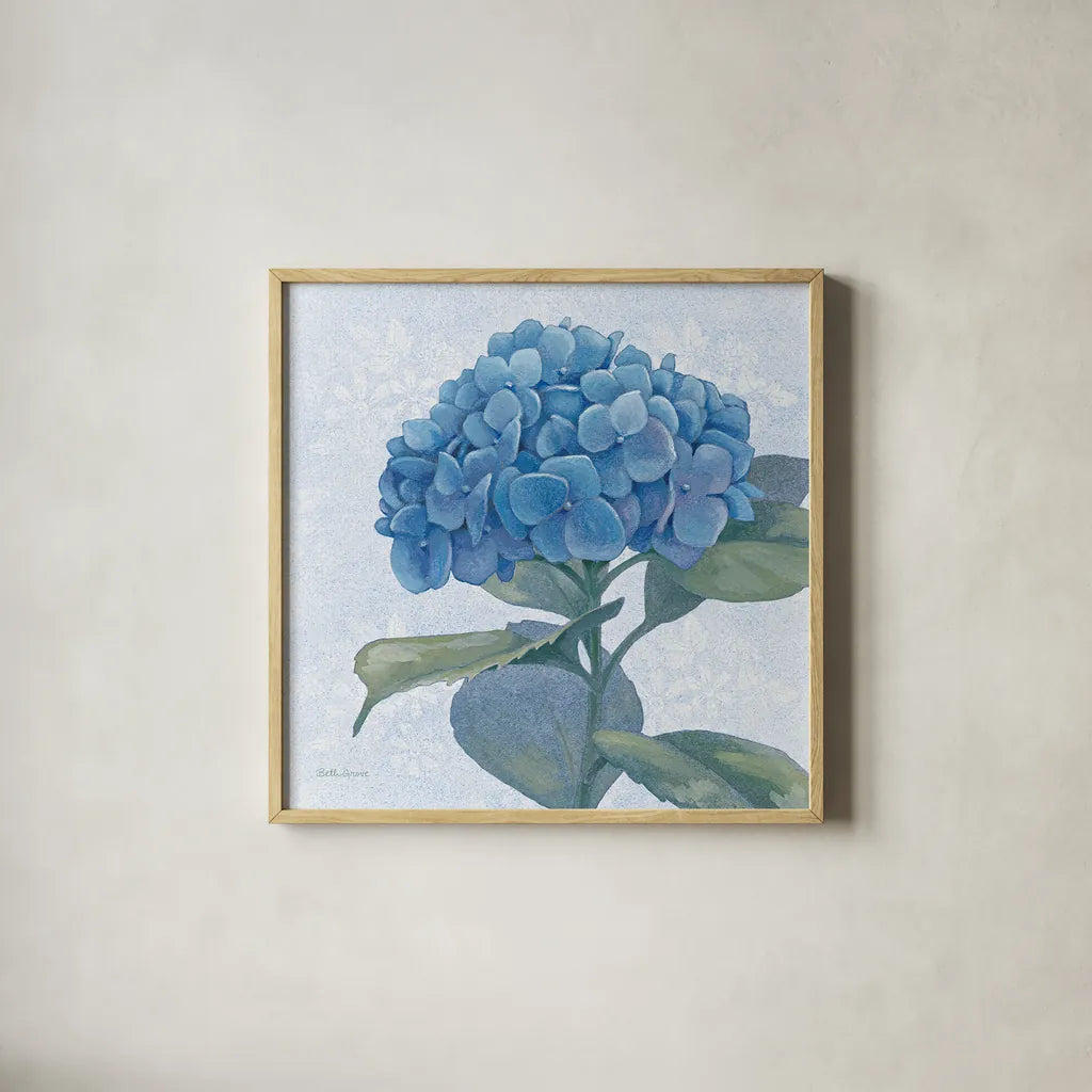 Blue Hydrangea IV Light by Beth Grove. Shown in a natural wood glass frame for a timeless modern aesthetic. Available as an archival giclee rolled canvas, fine art paper, or poster print. SKU 21477a.