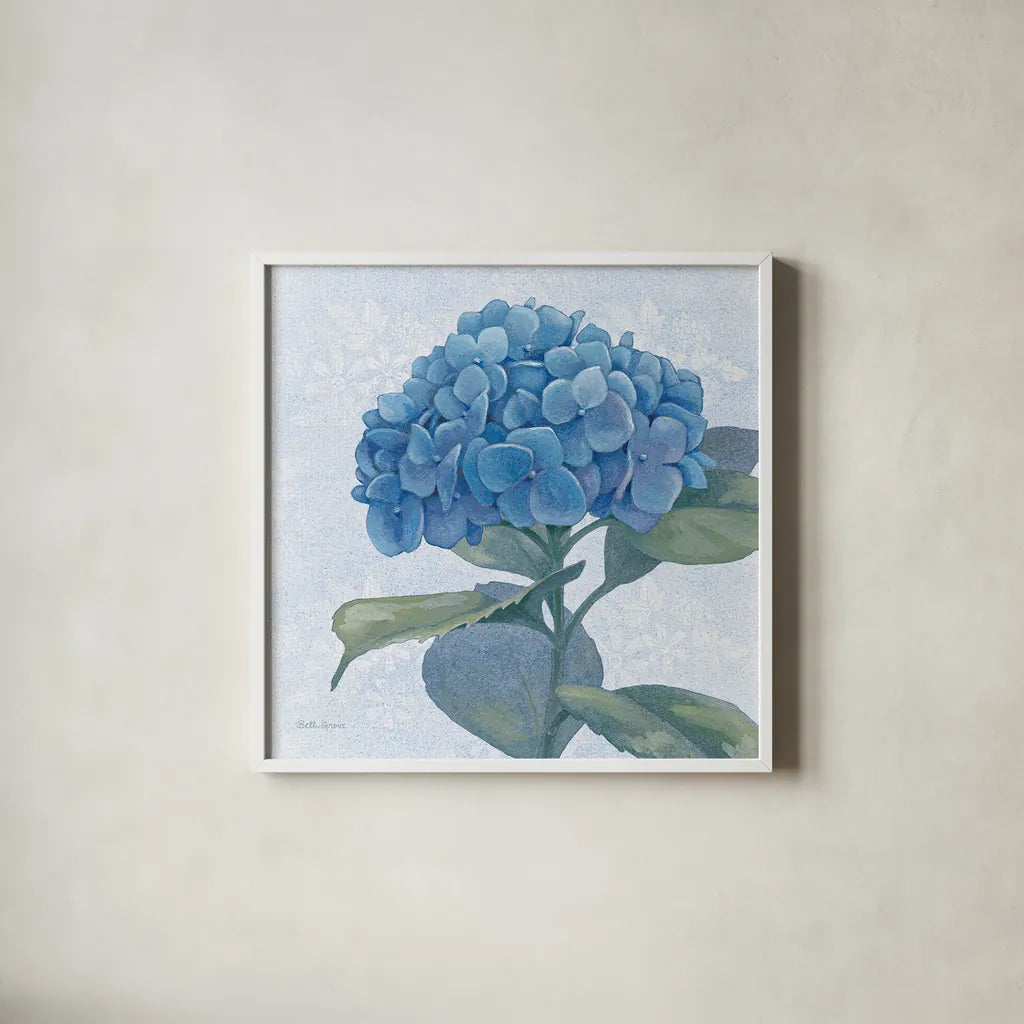 Blue Hydrangea IV Light by Beth Grove. Shown in a crisp white glass frame for a clean and minimalist style. Available as an archival giclee rolled canvas, fine art paper, or poster print. SKU 21477a.