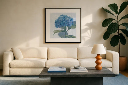 Blue Hydrangea IV Light by Beth Grove. Displayed in a glass frame with matte in a clean modern living room. Available as an archival giclee rolled canvas, fine art paper, or poster print. SKU 21477a.
