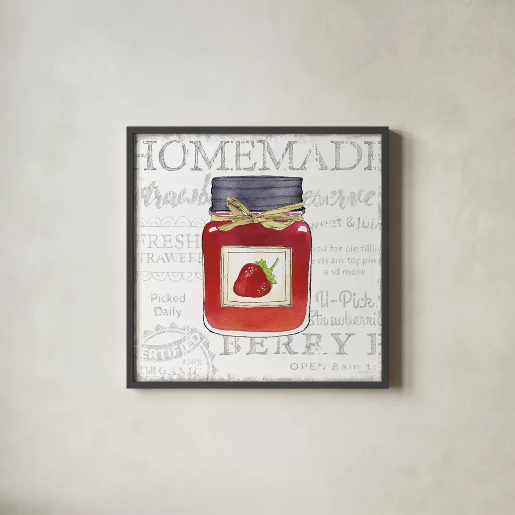 Canning Kitchen I by Beth Grove. Shown in a sleek black glass frame for a contemporary gallery look. Available as an archival giclee rolled canvas, fine art paper, or poster print. SKU 32186a.