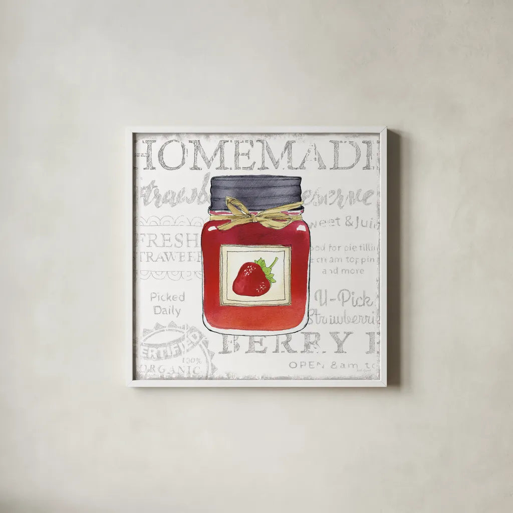 Canning Kitchen I by Beth Grove. Shown in a crisp white glass frame for a clean and minimalist style. Available as an archival giclee rolled canvas, fine art paper, or poster print. SKU 32186a.